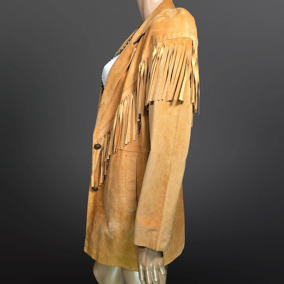 Vintage 90s Fringed Suede Jacket Size M Tan Brown Western Boho Hippie Festival - Picture 4 of 16